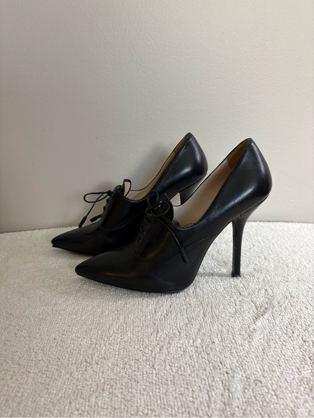 Black Lace-Up Pointed-Toe Stiletto Pumps